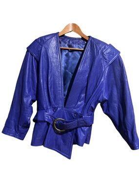 Vintage 80 Women's Blue Leather Belted Jacket Size 9/10